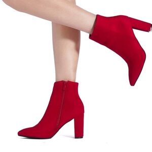 Red suede chunky heel ankle boots